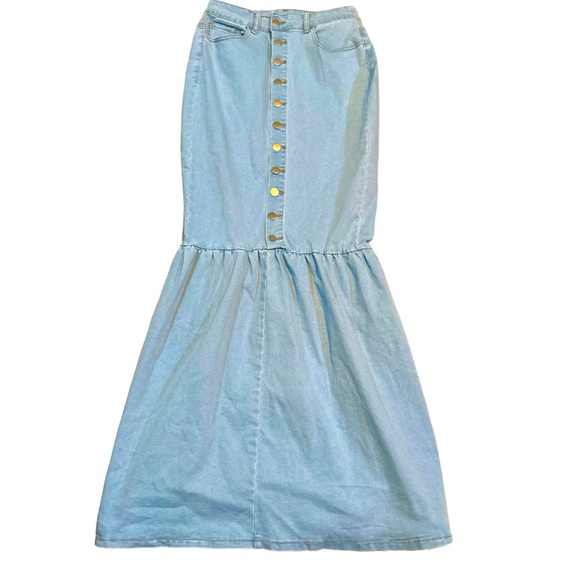 High Waist Button Fly Mermaid Hem Denim Skirt - Picture 2 of 12